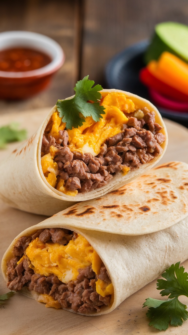 Breakfast wrap filled with beef mince and scrambled eggs, garnished with cilantro, on a rustic table.
